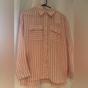 NWT OMSJ women's striped pink/white button-down long sleeved Size M